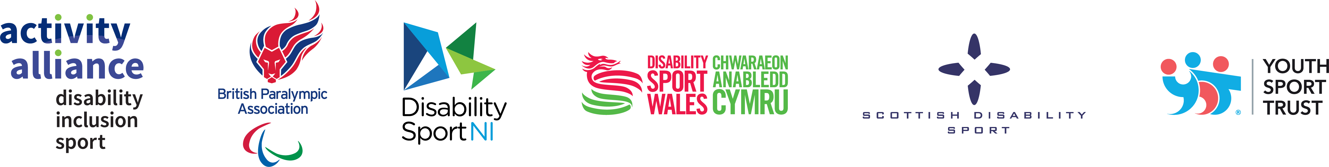 Logos of Activity Alliance, British Paralympic Association, Disability Sport Northern Ireland, Disability Sport Wales, Chwaraeon Anabledo Cymru, Scottish Disability Sport and the Youth Sport Trust
